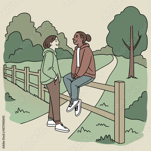 Vector art of two friends are talking while sitting on a fence in the park