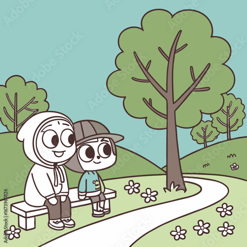 Vector art of two happy children sitting on bench in the park cartoon illustration