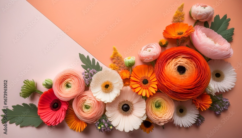 Obraz premium a colorful arrangement of various flowers including ranunculus poppies chrysanthemums and anemones in shades of orange pink yellow and cream on a split pastel background