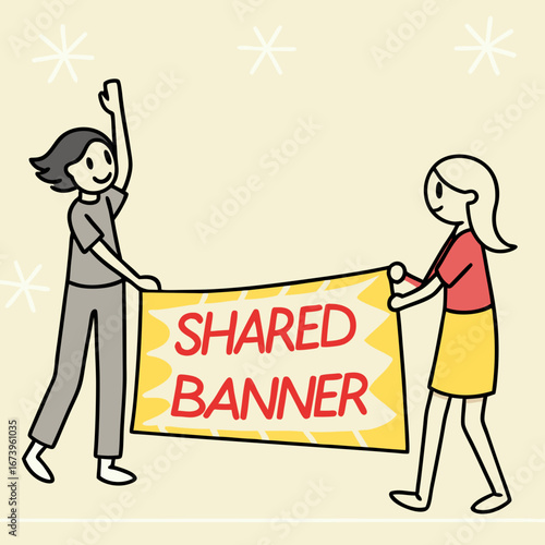 Vector art of two women holding a shared banner, symbolizing teamwork and collaboration