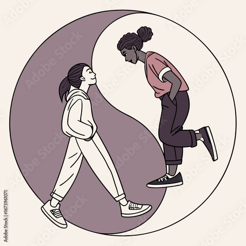 Vector art of two women in yin and yang symbol on, representing balance