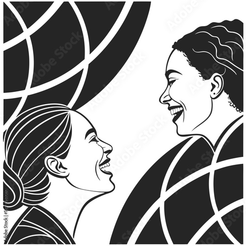 Vector art of two women smiling and looking at each other in a friendly conversation