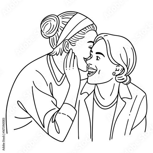Vector art of two women whispering a secret to each other line drawing