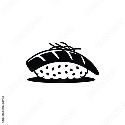 Hand drawn black and white illustration of a single nigiri sushi piece with fish and rice