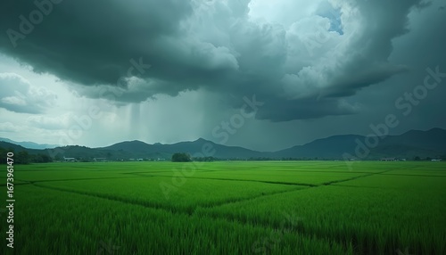 Fototapeta Naklejka Na Ścianę i Meble -  Dramatic storm clouds loom over a vibrant green field with distant mountains. Heavy rain falls creating a moody, atmospheric landscape perfect for weather or nature themes.