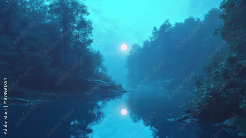 Fototapeta premium Lake shimmering under the light of a glowing moon.