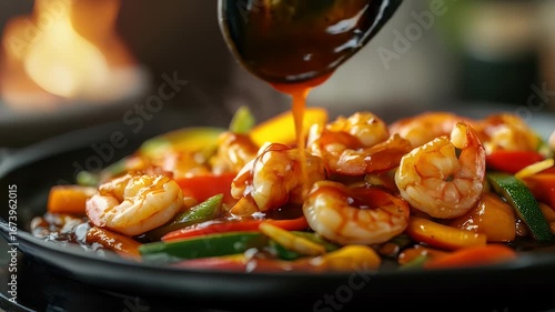 Pouring Sauce Over Shrimp Stir Fry with Colorful Vegetables and Warm Fireplace Glow Creates An Appetizing Food Presentation