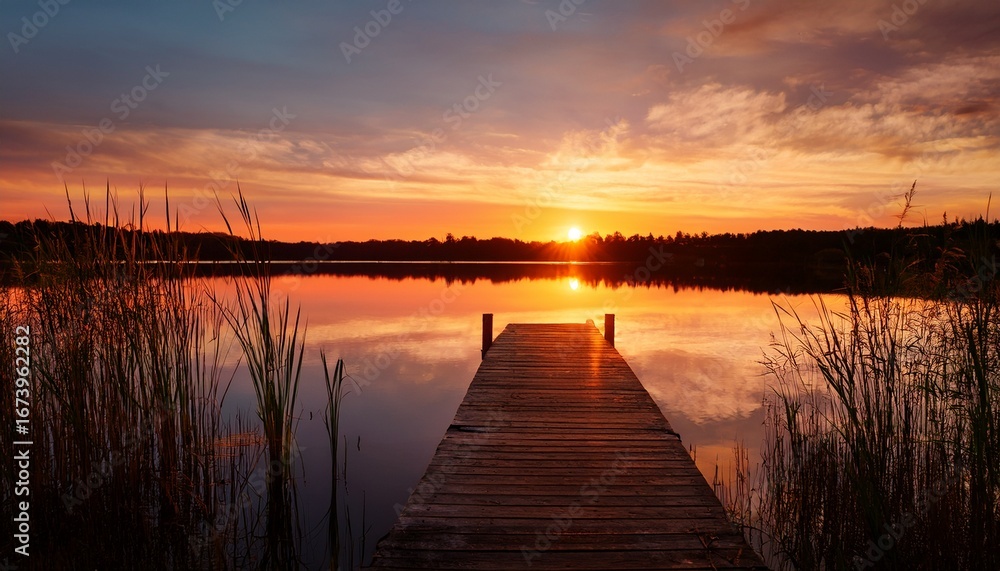 Obraz premium vibrant sunset reflection over serene lake with wooden dock and silhouetted reeds