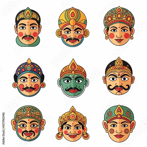 A colorful collection of nine traditional Indian folk art masks, depicting mythological characters with ornate headdresses.