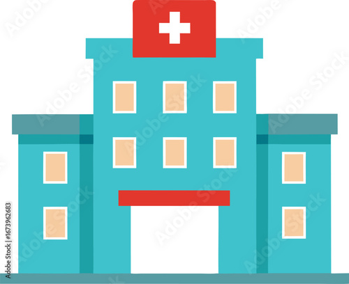 Flat vector illustration of a modern hospital building with a red cross emblem