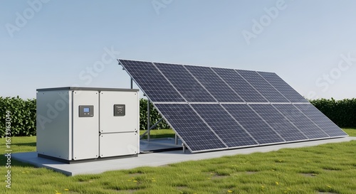 Modern solar panel system with energy storage unit in a green field