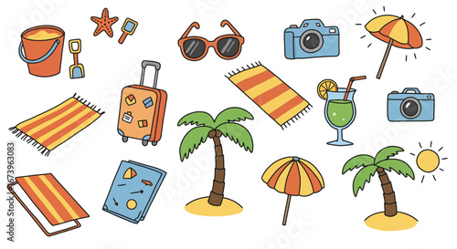Charming Hand-Drawn Beach Vacation Elements Illustration for Summer Holiday Projects