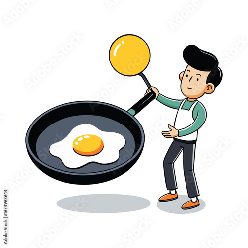 High quality frying egg in nonstick pan vector illustration, modern kitchen cooking concept artwork, breakfast food preparation flat design