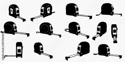 Twelve black and white illustrations of a retractable tape measure tool in various positions and angles.