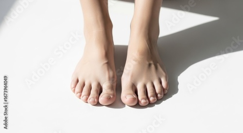 Pair of bare feet standing on a white surface with strong shadow cast behind