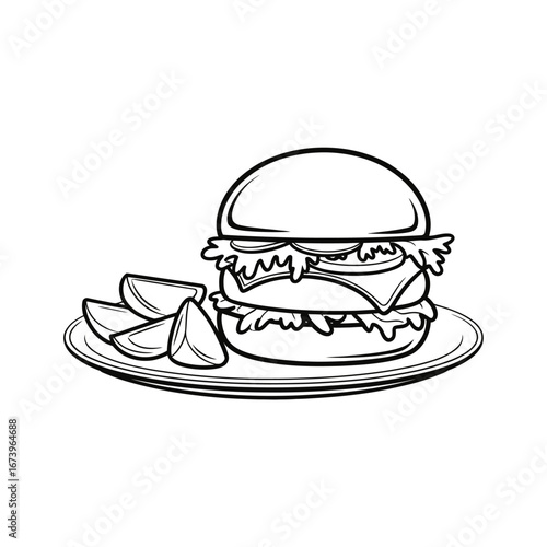 Hand drawn sketch of a delicious cheeseburger with potato wedges on a plate
