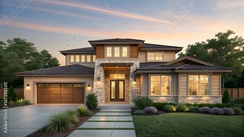Luxurious modern luxury home with stone facade and warm sunset lighting