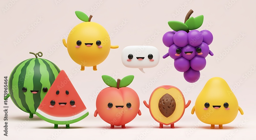 Fototapeta premium A group of cartoon-style, anthropomorphic fruit characters with smiling faces, including watermelon, orange, grapes, peach, and pear, arranged on a light pink background.