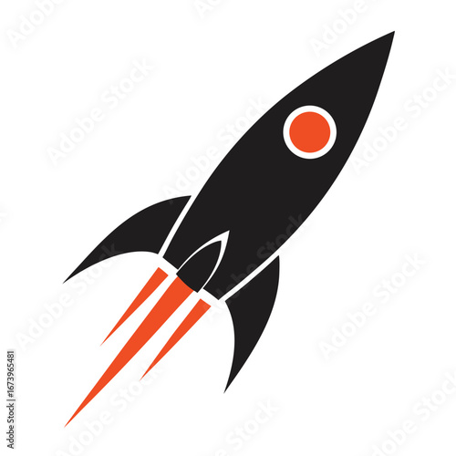 Black and orange rocket ship with exhaust on white background spaceship space