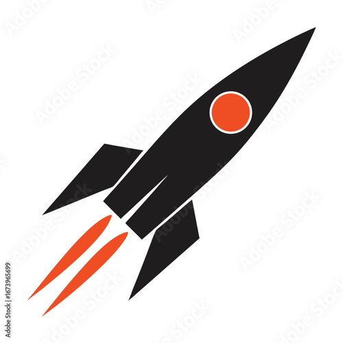 Black rocket with orange flames and circle on white background space spaceship