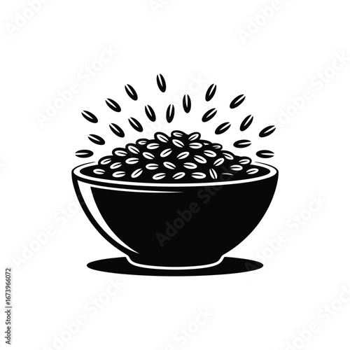 Stylized black and white illustration of a bowl overflowing with grains and seeds