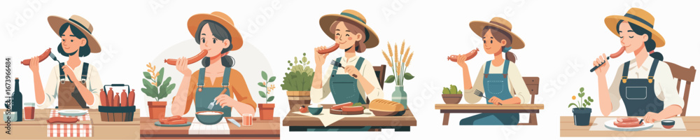 Fototapeta premium vector of female farmer eating sausage