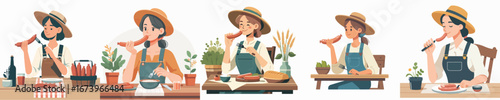 vector of female farmer eating sausage
