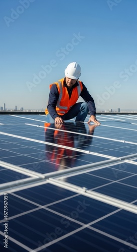 Engineer inspecting solar panels for maintenance under bright blue skies