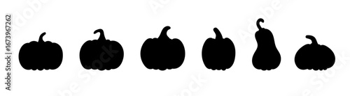 Pumpkin silhouette set – black vector pumpkins in different shapes, ideal for autumn projects, Halloween graphics, and Thanksgiving artwork.