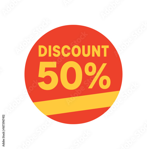Flat vector banner design text DISCOUNT 50% bold strong font red and palette circular badge vector minimal style isolated on white