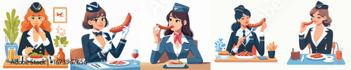 vector of a flight attendant eating sausage
