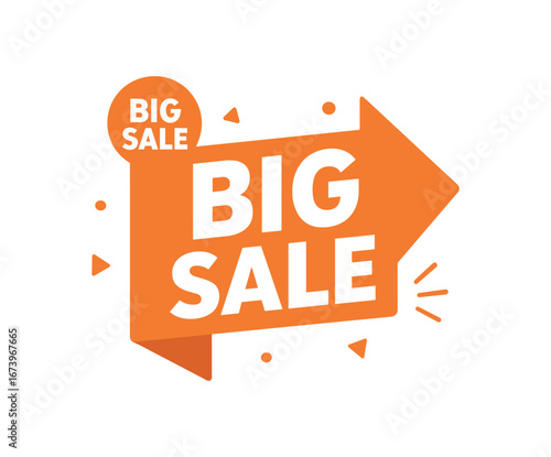 Flat vector banner design text BIG SALE bold modern font orange and white palette arrow badge isolated on white