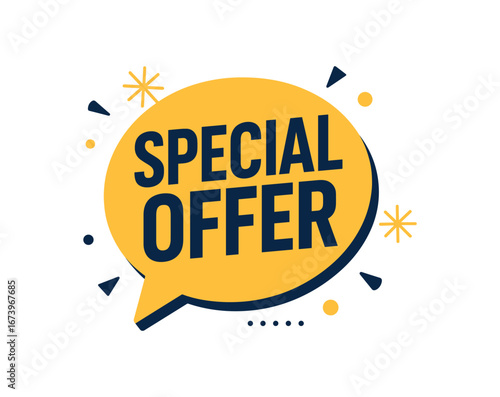Flat vector banner design text SPECIAL OFFER bold modern font and navy palette speech bubble isolated on white