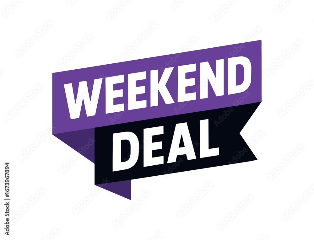 Flat vector banner design text WEEKEND DEAL bold geometric font purple and black palette ribbon folded badge isolated on white Flat vector banner design text WEEKEND DEAL bold geometric font purple and black palette ribbon folded badge isolated on white