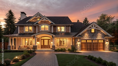 Luxurious modern luxury home with warm evening light and inviting entrance