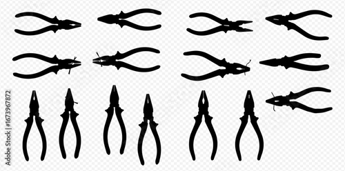 A collection of twelve black silhouette illustrations of various types of pliers arranged in a grid pattern on a transparent background.