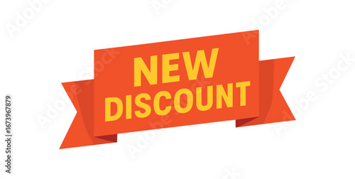 Flat vector banner design text NEW DISCOUNT bold clean font red and palette ribbon cut shape isolated on white