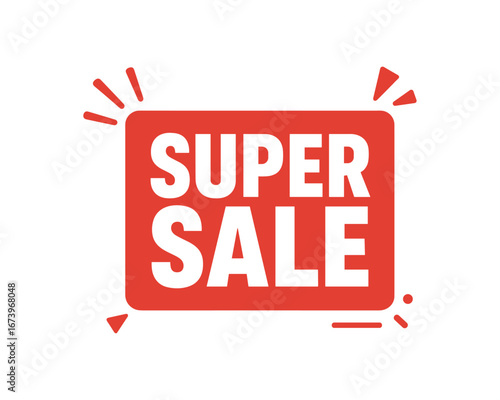 Flat vector banner design text SUPER SALE bold font red and white palette rectangle badge isolated on white