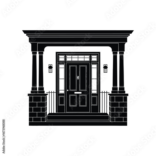 Elegant black and white silhouette of a grand entrance with columns and double doors