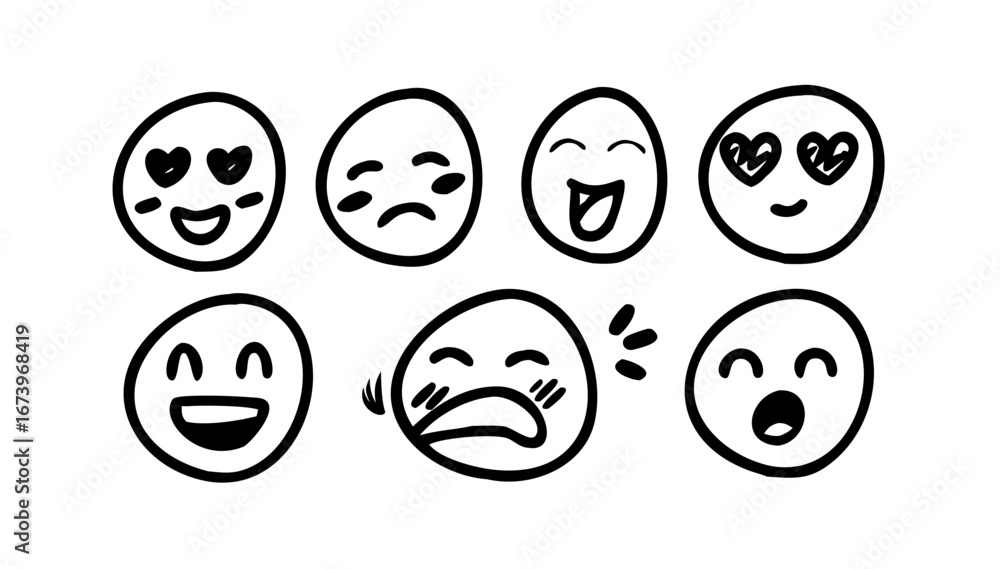 Fototapeta premium Black Hand Drawn Doodle Emoji Collection white