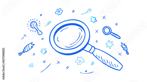 Blue doodle magnifying glass with scattered elements