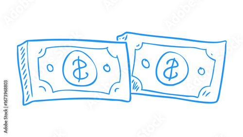 Blue doodle style dollar bills money currency