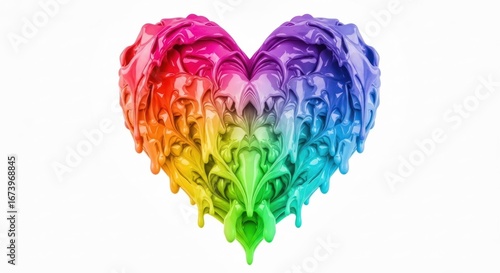 Rainbow colored heart form with ornate swirls and drips