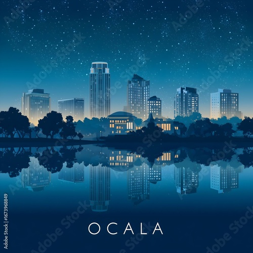 City of Ocala, Florida night time skyline postcard style vector illustration