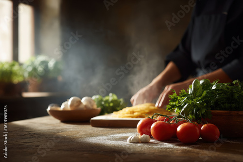 enchanting italian kitchen scene featuring culinary expert preparing traditional pasta dishes