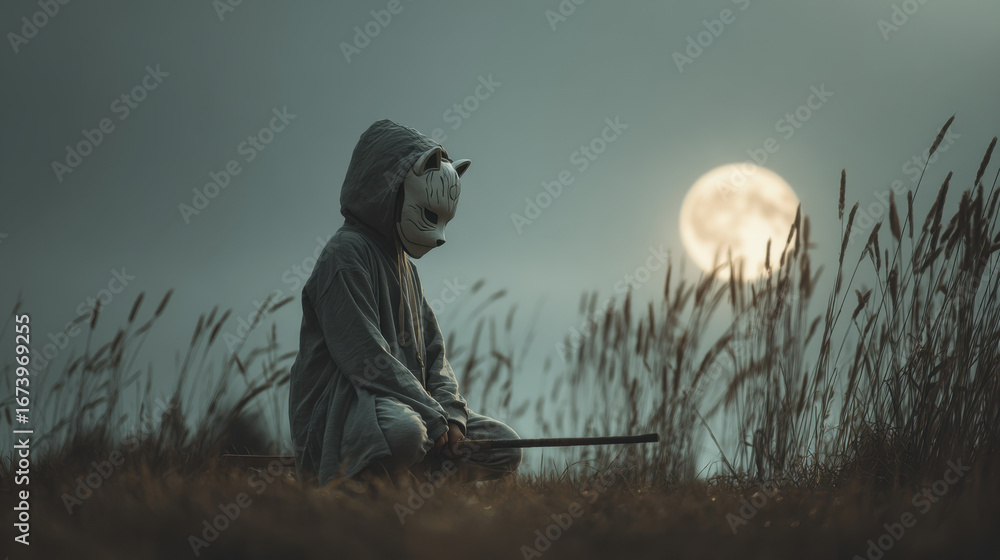 Obraz premium Child in a Hooded Mask at Night Under a Full Moon