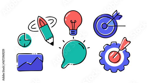 Business doodles with lightbulb targets and graph hand drawn