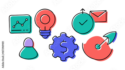 Business icons graph lightbulb clock envelope user gear