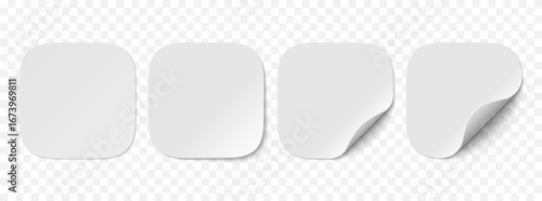 Vector set of white paper squircle stickers isolated on transparent background. Realistic square stickers curved with white corner and soft shadows.