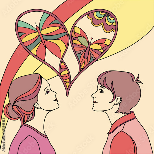 Vector art of a couple gazes at a heart with butterflies, symbolizing love and connection